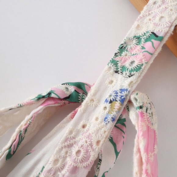 28. Pink Floral Hollowed Out Midi Dress with Shoulder Tie Straps - Picture 2 of 3